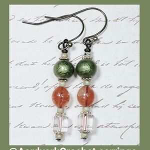 Victorian Orange Glass dangle French Hook earrings Green earrings Ornate  451■